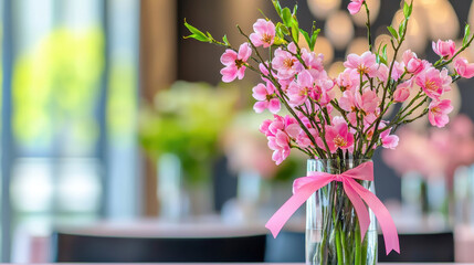 Beautiful pink cherry blossoms in clear vase with ribbon, creating serene and elegant atmosphere in modern setting