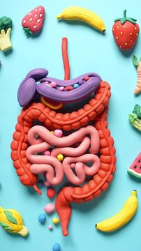 Colorful Top Down View of Clay Digestive System with Fruits and Vegetables on a Blue Background Medical Educational Nutrition Earth Day Illustration