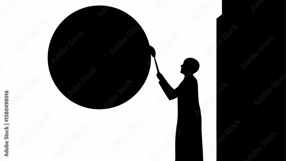 Poster silhouette of person with stick touching large black circle next to a dark rectangle on white backgr