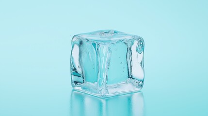 Single Clear Ice Cube on Reflective Blue Surface