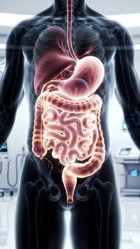 Detailed 3D Animation of Human Digestive System Featuring Stomach and Intestines Glowing Inside Translucent Torso in Modern Medical Examination Room