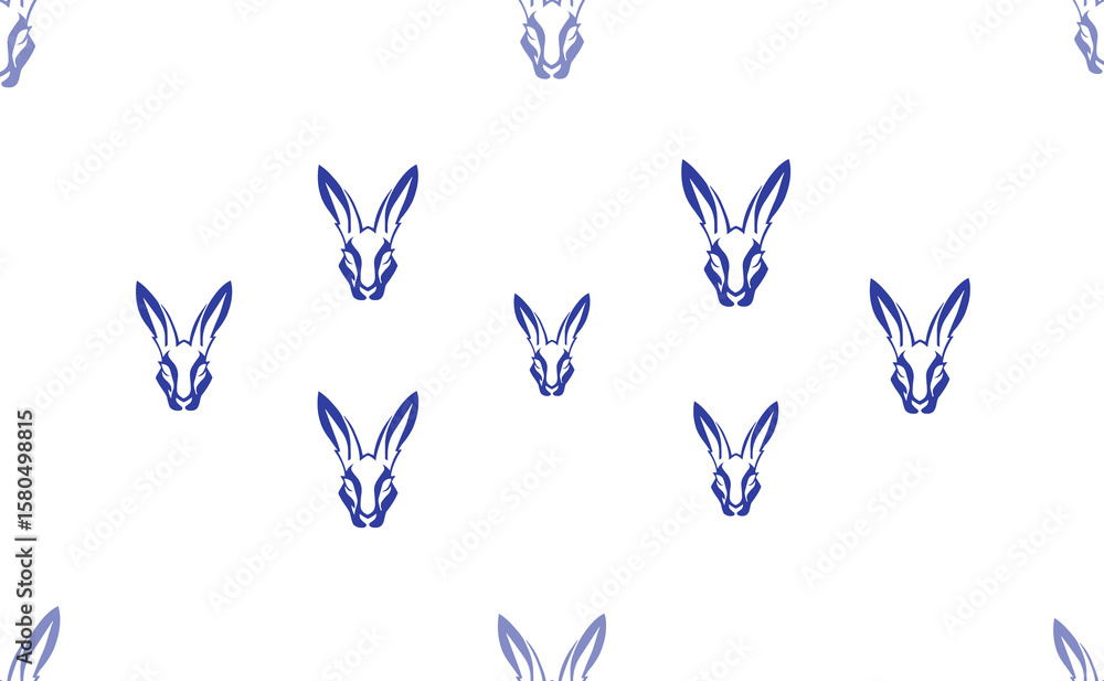 Aufkleber Seamless pattern of large isolated blue hare's head symbols. The pattern is divided by a line of elements of lighter tones. Illustration on light transparent background