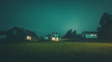 Rural Houses at Night with Glowing Windows 