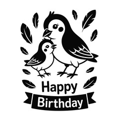 Obraz premium Minimalist black and white birthday card of parent bird playing peek-a-boo with chick