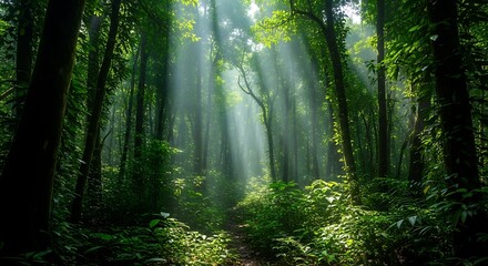 Obraz premium Sun rays stream through the dense canopy of a lush green forest, illuminating the undergrowth and path.