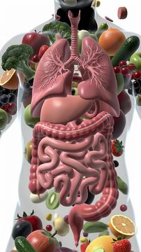 Detailed 3D Render of Human Digestive System Filled with Colorful Fruits and Vegetables Against a Transparent Torso Illustrating Health and Nutrition