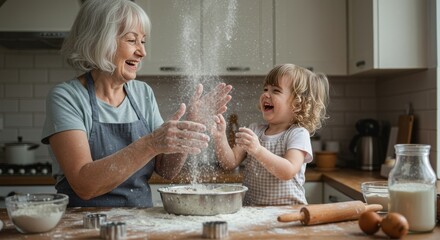 Grandmother and Grandchild Baking and Playing with Flour