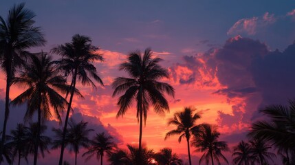 Silhouette Palm Trees Against Vibrant Sunset Sky