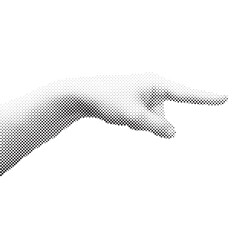 Halftone-stylized hand illustration pointing to the right. Retro comic dot pattern in black and white. Great for pop art, posters, and vintage-style designs