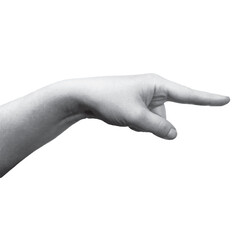 Realistic vector illustration of a human hand pointing to the right. Black and white isolated design element for gesture, direction, or concept use