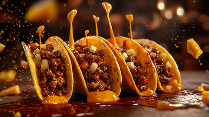 tacos bursting with savory filling, dynamically drenched in a rich, golden sauce that dramatically drips and splatters, creating an energetic culinary scene