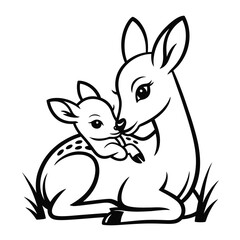 Obraz premium Mother deer tenderly kissing fawn in black and white vector wildlife illustration showing love and care