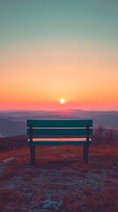 Serene sunrise landscape with an empty bench overlooking misty mountain ranges, capturing a moment of tranquil solitude and breathtaking natural beauty