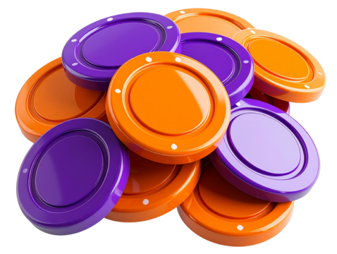  Scattered and Tilted Glossy Game Tokens in Orange and Purple PNG