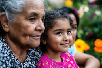 Cherished Moments: An older woman, a young girl, and a woman share a tender moment, showcasing the essence of family bonds and love in a vibrant, natural setting. 