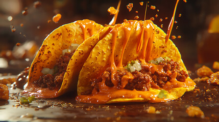 crispy tacos generously filled with savory meat and fresh toppings, drenched in a vibrant, pouring sauce, creating an energetic culinary scene