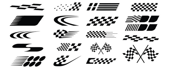 Racing stripes and checkered flag elements with speed lines and car decals