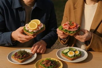 Gourmet open-faced sandwich variety.