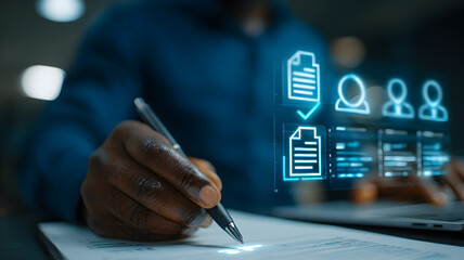 Close up of a person signing a document with a pen while a futuristic digital interface displays profiles and documents