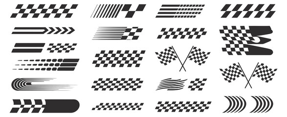 Racing stripes and checkered flag elements with speed lines and car decals