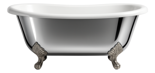 Cast iron bathtub with a polished chrome exterior, perfect for a glamorous hotel suite.