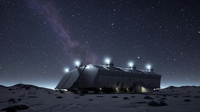 Exploring a futuristic outpost on a distant planet under a stunning starry sky