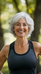 Fototapeta premium Radiant senior woman in athletic wear smiling confidently outdoors, embodying health, vitality, and active lifestyle with natural forest background