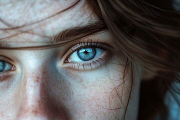 Portrait of a young woman with stunning blue eyes and freckles, highlighting natural beauty and captivating gaze