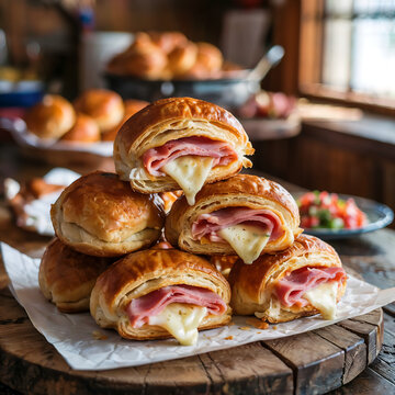 A photograph showcasing a stack of golden-brown "Cachitos" arranged on a rustic wooden table. These Venezuelan croissant-like buns are sliced open to reveal a generous filling of melted white cheese a