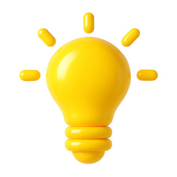 Bright yellow 3D cartoon light bulb icon glowing with idea sparks isolated on transparent background