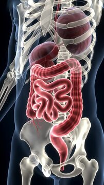 Detailed Glowing Red Intestine with Peristaltic Motion Displayed within Human Torso Skeleton Anatomy Animation