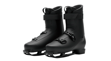 A pair of black ice skates with straps and buckles on a black background in a studio shot