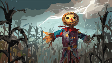 A scarecrow stands in a cornfield during a thunderstorm with lightning striking in the background scene