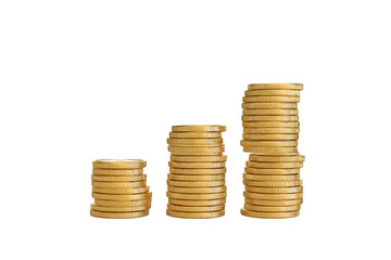 Three growing stacks of gold coins, isolated on white transparent background