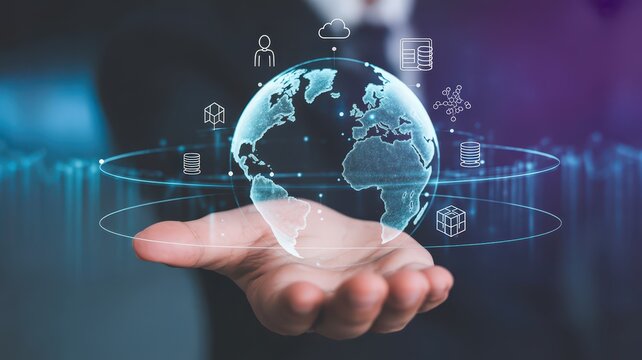 Hand holding a globe with digital icons representing global network and data connectivity solutions