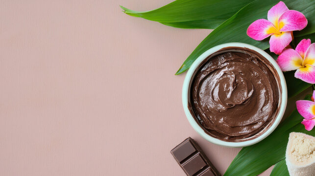 Rich chocolate facial mask surrounded by tropical leaves and vibrant flowers creates soothing and luxurious spa experience