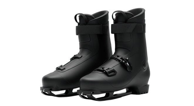 A pair of black ice skates with straps and buckles on a black background in a studio shot