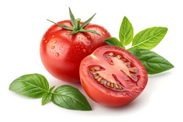 Ripe Red Tomato with Green Stem Isolated on White Background.
