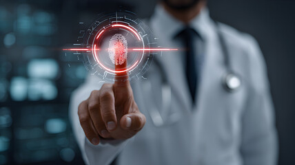 Doctor touching a futuristic fingerprint scanner interface for biometric identification in healthcare technology