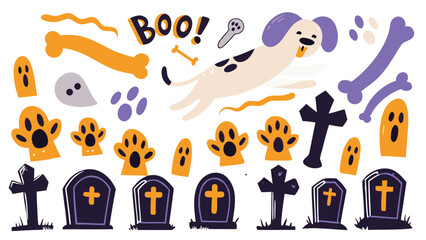 Halloween themed illustration featuring a dog, ghosts, bones, paw prints, and tombstones elements