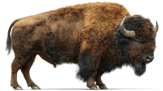 Realistic illustration of a standing american bison animal with detailed fur on white background