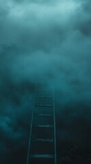 Mysterious ladder ascending through dark, misty turquoise atmosphere, symbolizing journey, challenge, and the unknown path to success