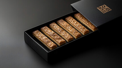 crafted shortbread cookies each featuring an intricate diamond pattern, elegantly presented in a sleek black gift box with a subtle gold emblem