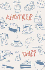 Poster for cafe, hand drawn doodle outline style with grunge texture, retro drawing. Print for brunch and bakery advertisement. Coffee drink, hot beverage and pastry. Vector illustration.