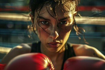Determined female boxer wearing red boxing gloves, preparing for a fight in a boxing ring