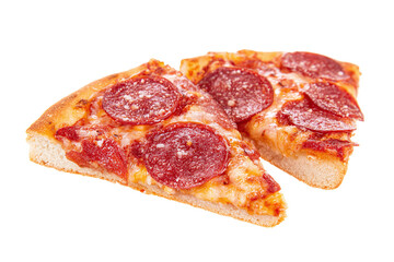 Pepperoni pizza slices isolated on white transparent background.
