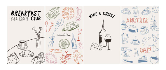 Set of posters for cafe and restaurants, hand drawn doodle outline style with grunge texture, retro drawing. Prints for brunch advertisement, mediterranean kitchen, winery. Vector illustration.