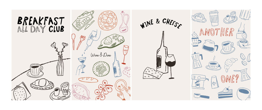 Set of posters for cafe and restaurants, hand drawn doodle outline style with grunge texture, retro drawing. Prints for brunch advertisement, mediterranean kitchen, winery. Vector illustration.
