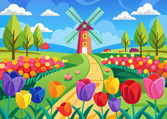 Fototapeta premium Vibrant dutch countryside landscape with a windmill and colorful tulips in bloom