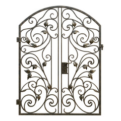 Ornate wrought iron garden gate with intricate scrollwork and leaf designs isolated on transparent background